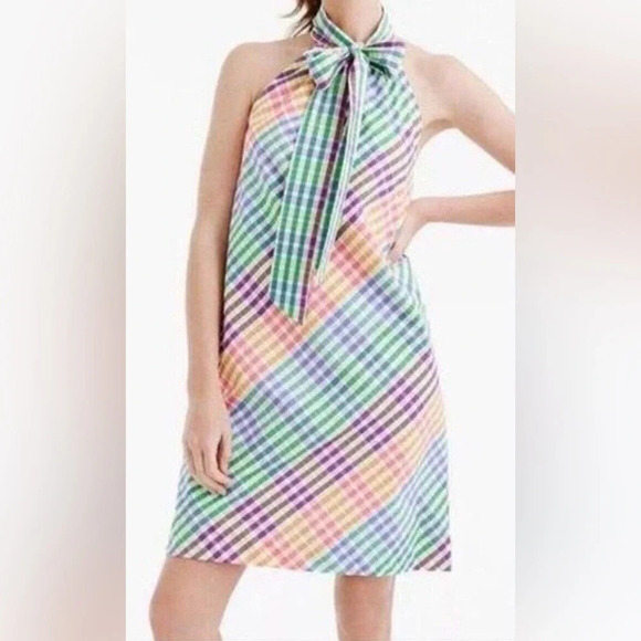 J. Crew Tie Bow Neck Mulitcolor Rainbow Gingham Print Shift Dress Size 6 S Small - Picture 3 of 11